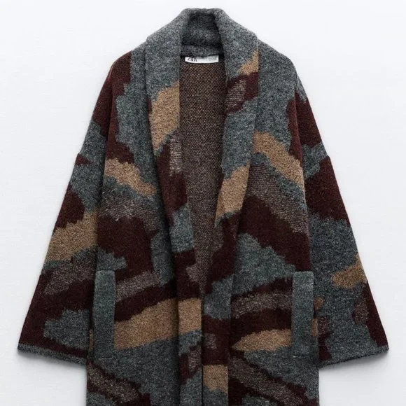 ZARA Oversized Jacquard Long Knit Coat(Multicolor, US S, M, L/EUR S, M, L) - Picture 5 of 11